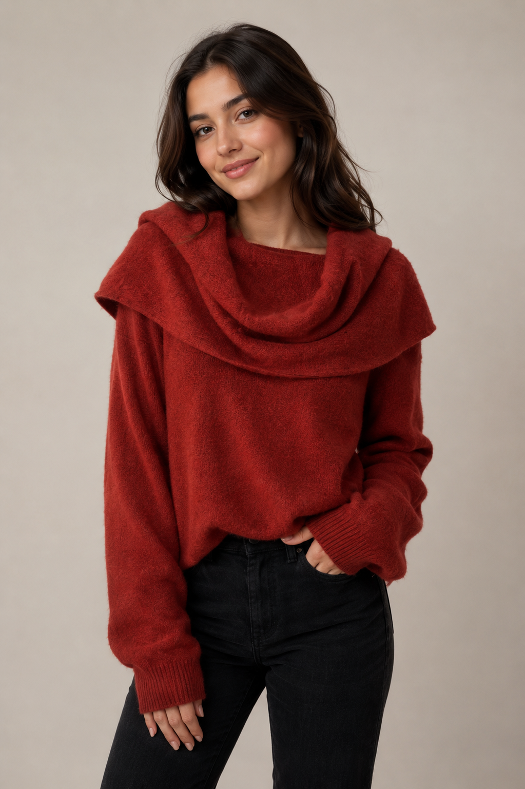 NEXT red fuzzy cowl neck knit sweater in UK Size L. Soft textured finish, relaxed fit and stylish design, perfect for cosy casual outfits.