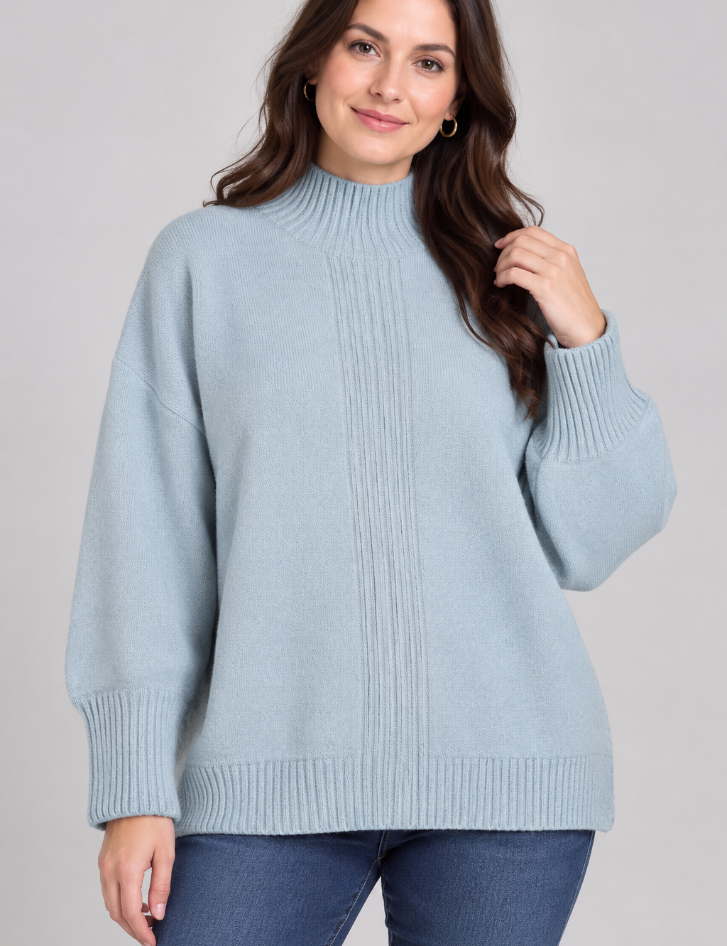  Next SP women's light blue knitted jumper in UK XL. Features a ribbed mock neck, long sleeves, ribbed cuffs and stylish front panel.