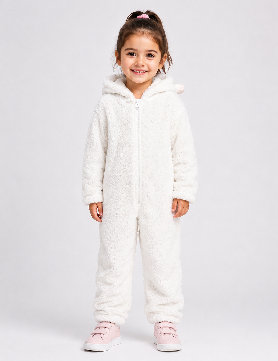 NEXT white fleece hooded onesie for kids, UK size 5 years. Soft teddy fleece, cosy hood, full zip and full-length design. Perfect for chilly days.