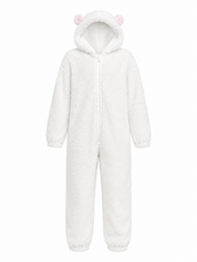 NEXT white fleece hooded onesie for kids, UK size 5 years. Soft teddy fleece, cosy hood, full zip and full-length design. Perfect for chilly days.