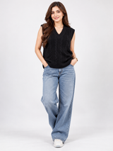 NEXT Women Black Cable Knit Sleeveless V-Neck Sweater Vest