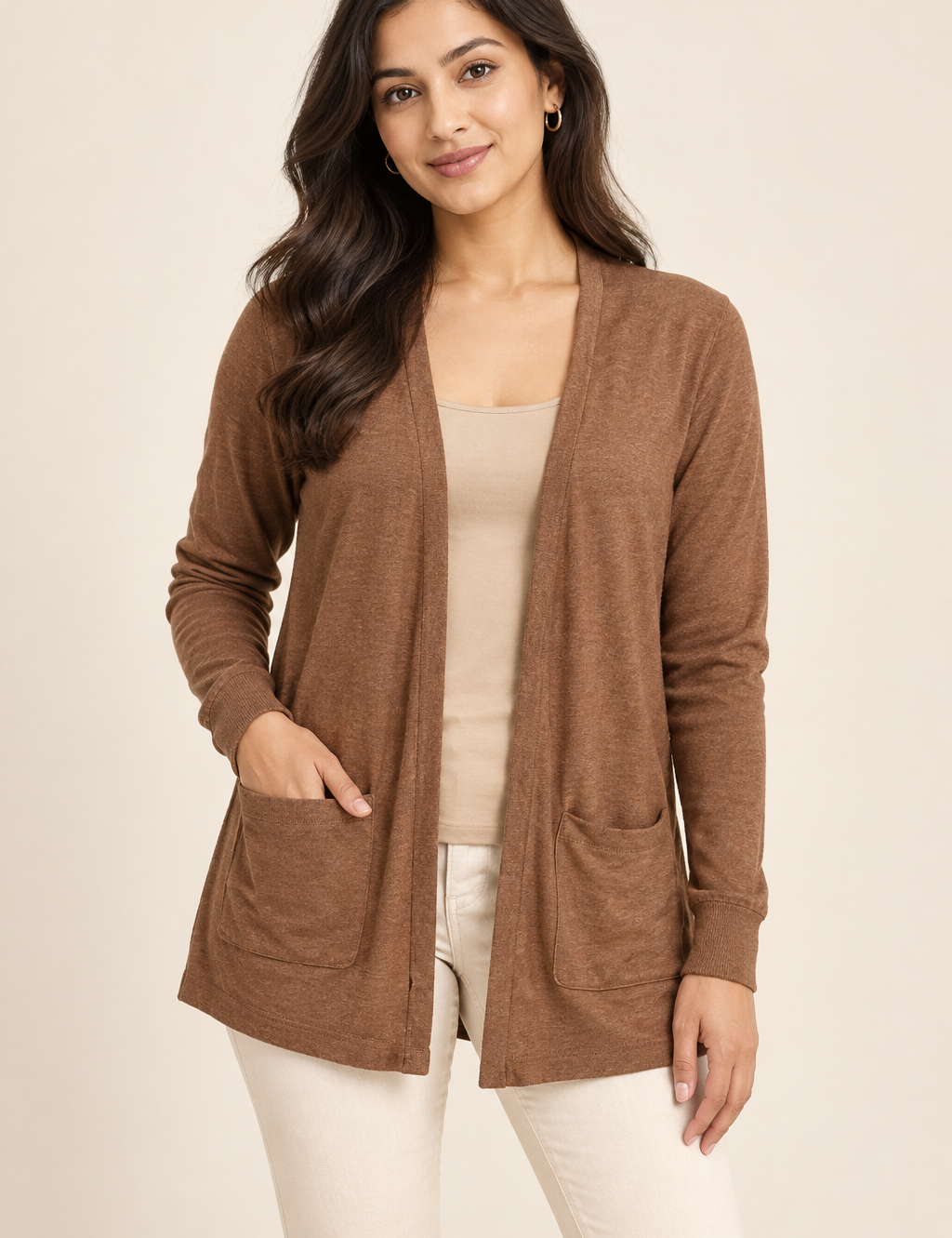   Next women’s brown open-front cardigan in UK size 10. Lightweight long-sleeve design with front pockets, perfect for stylish everyday layering.