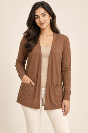   Next women’s brown open-front cardigan in UK size 10. Lightweight long-sleeve design with front pockets, perfect for stylish everyday layering.