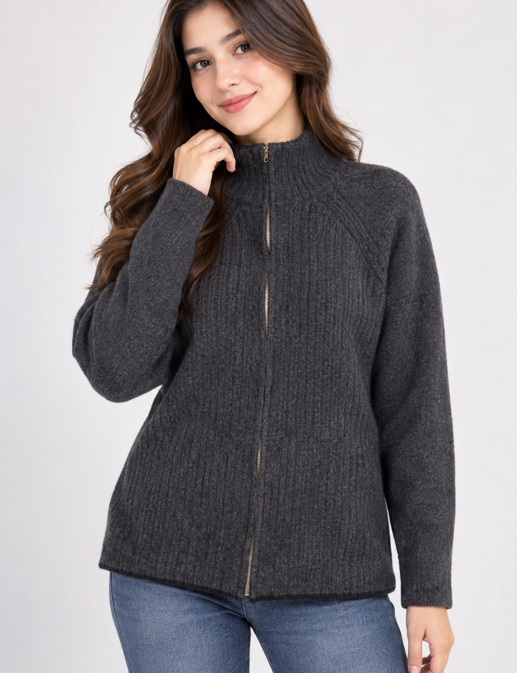 NEXT women’s charcoal grey ribbed full zip jumper in UK Size S. Stylish high-neck knit with long sleeves, ideal for casual autumn and winter wear.

