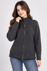 NEXT Women Charcoal Grey Ribbed Full Zip Jumper