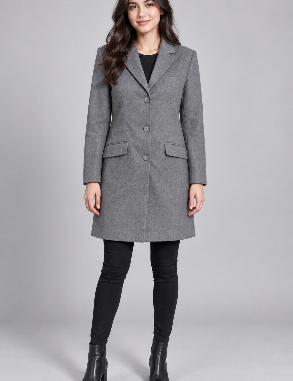  Next women’s charcoal grey tailored long coat in UK size M. A smart three-button coat with lapels and flap pockets, perfect for office and everyday layering.