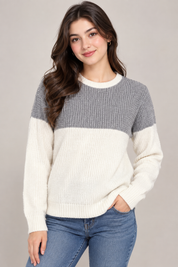  NEXT women’s grey and cream colour block knitted jumper, UK Size M. Stylish crew neck, long sleeves and textured knit design for casual everyday wear.