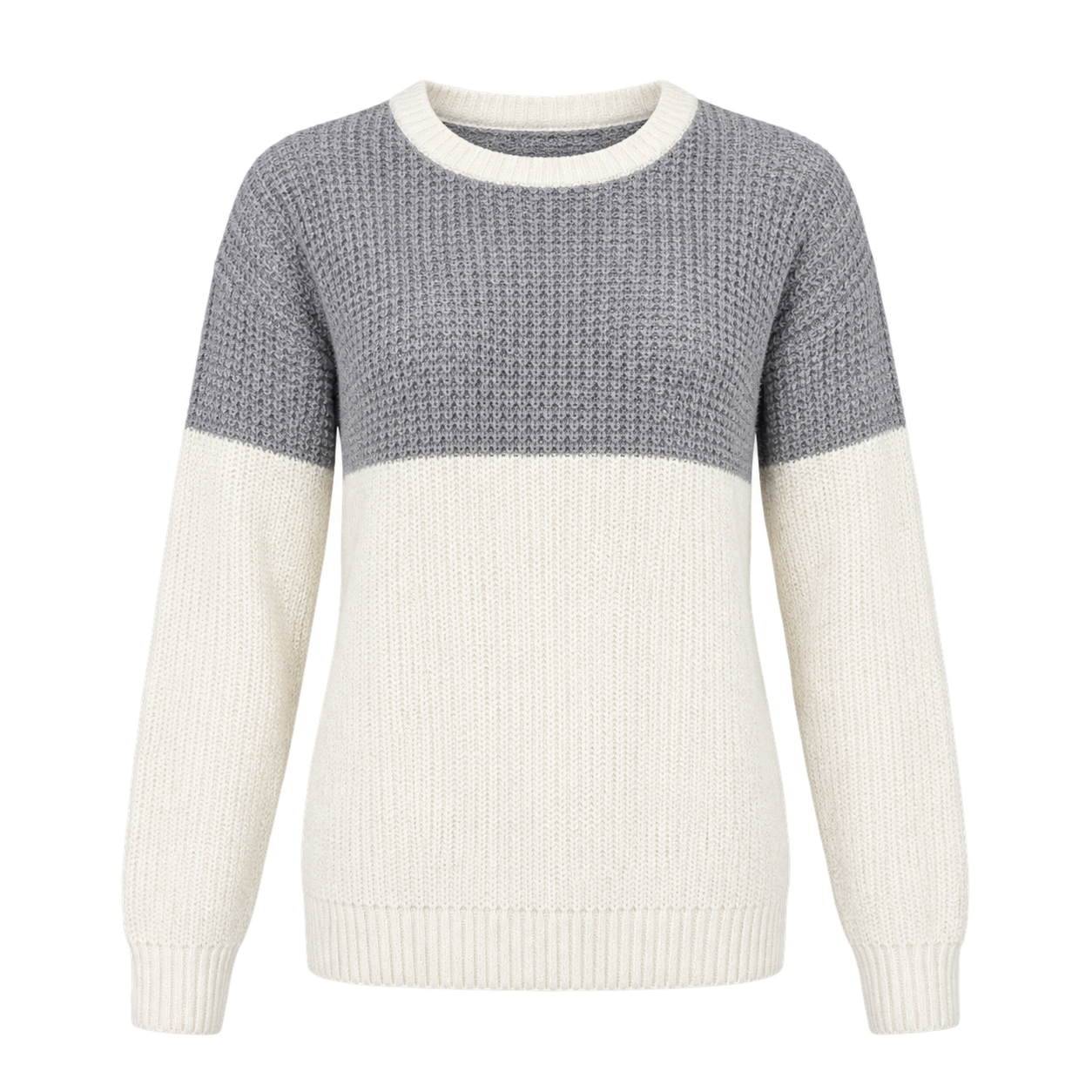  NEXT women’s grey and cream colour block knitted jumper, UK Size M. Stylish crew neck, long sleeves and textured knit design for casual everyday wear.