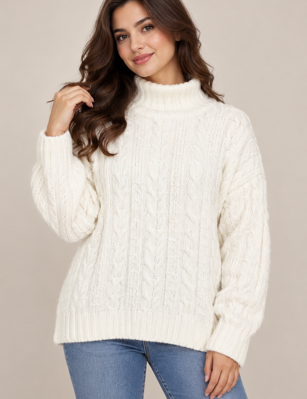  NEXT Women’s Ivory Cable Knit Turtleneck Jumper in UK Size L. Cosy long-sleeve knitwear with a classic cable design, perfect for autumn and winter.