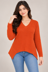 NEXT Women Orange Ribbed Knit V-Neck Jumper
