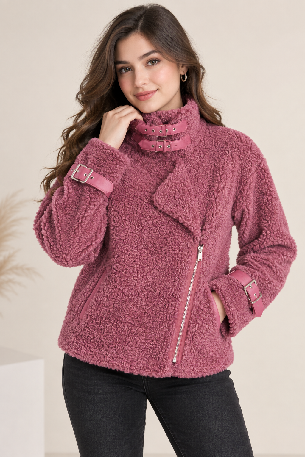 this NEXT women’s pink teddy fleece biker jacket in UK Size M, featuring an asymmetric zip, high neck, buckle cuffs and cosy textured finish.