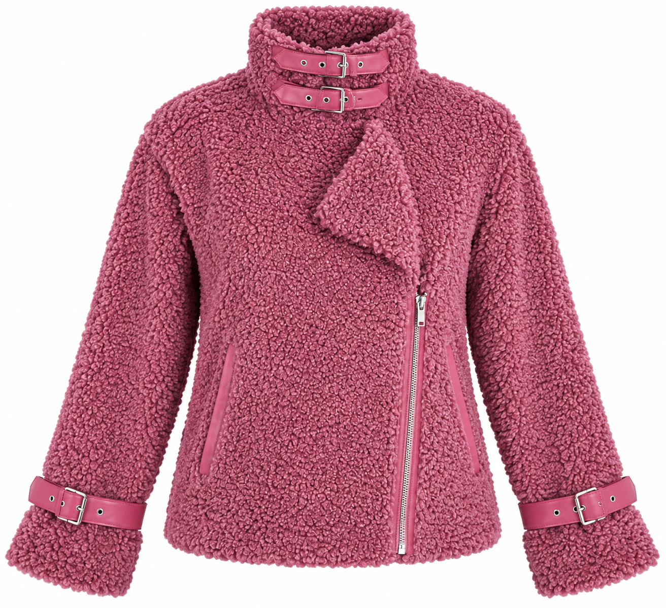 this NEXT women’s pink teddy fleece biker jacket in UK Size M, featuring an asymmetric zip, high neck, buckle cuffs and cosy textured finish.