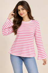 NEXT Women Pink & White Striped Bell Sleeve Knit Top