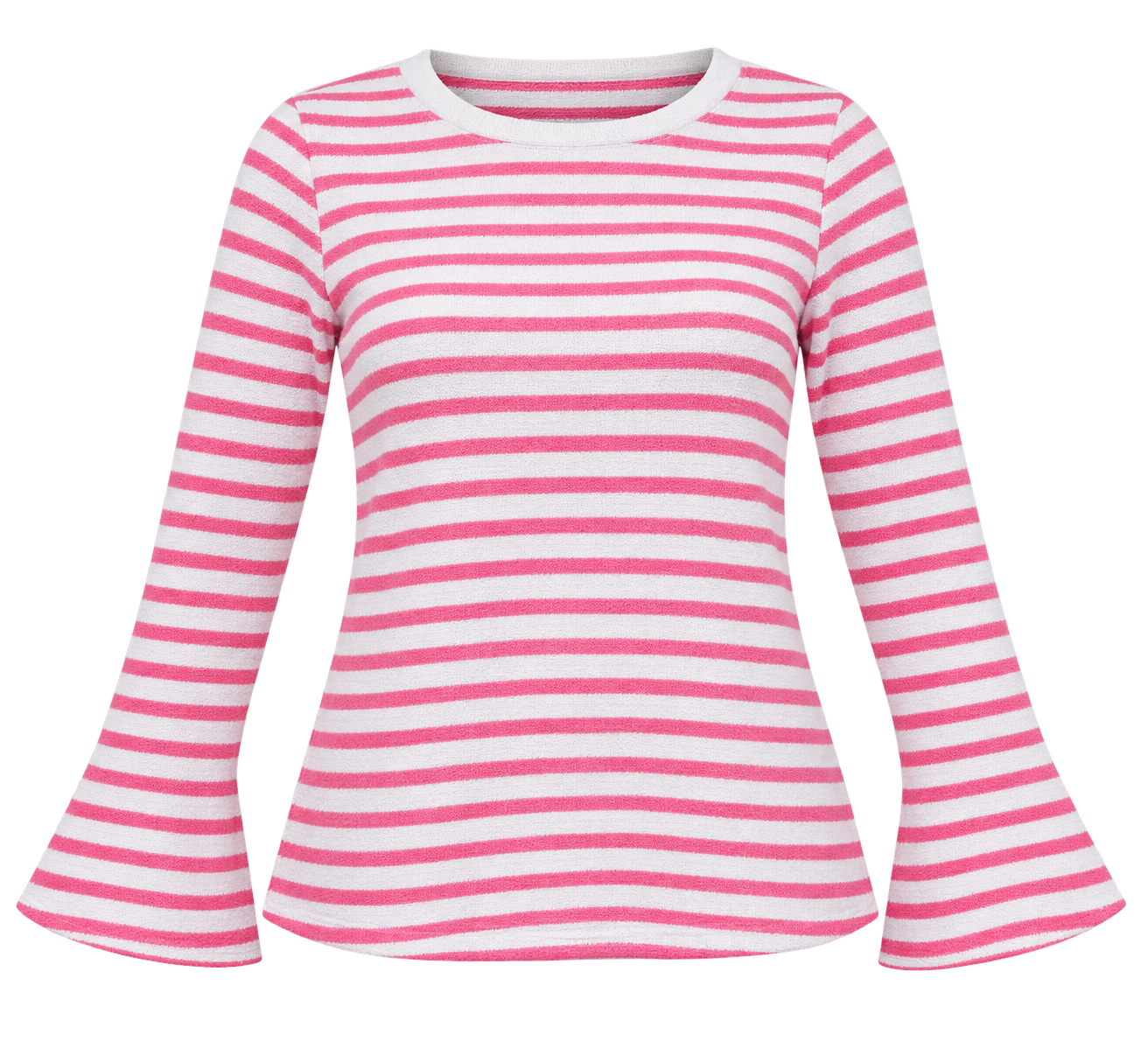 this NEXT women’s pink and white striped knit top in UK Size L, featuring stylish bell sleeves, a round neck and a comfortable relaxed fit.