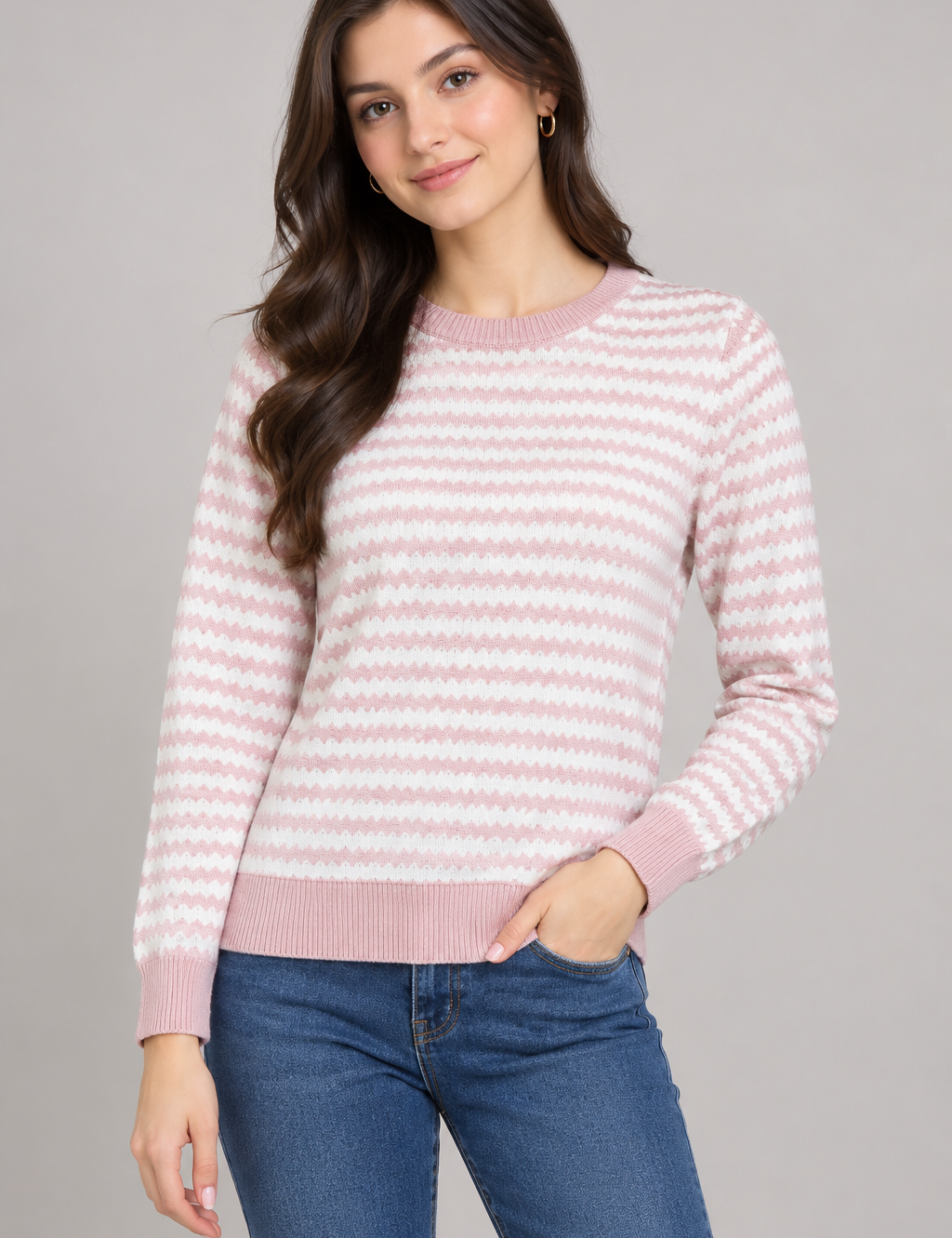  Next women’s pink and white zigzag knit jumper, UK size 12. Long-sleeve crew neck sweater with ribbed trims, perfect for stylish everyday wear.