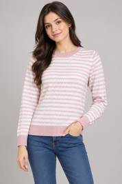  Next women’s pink and white zigzag knit jumper, UK size 12. Long-sleeve crew neck sweater with ribbed trims, perfect for stylish everyday wear.