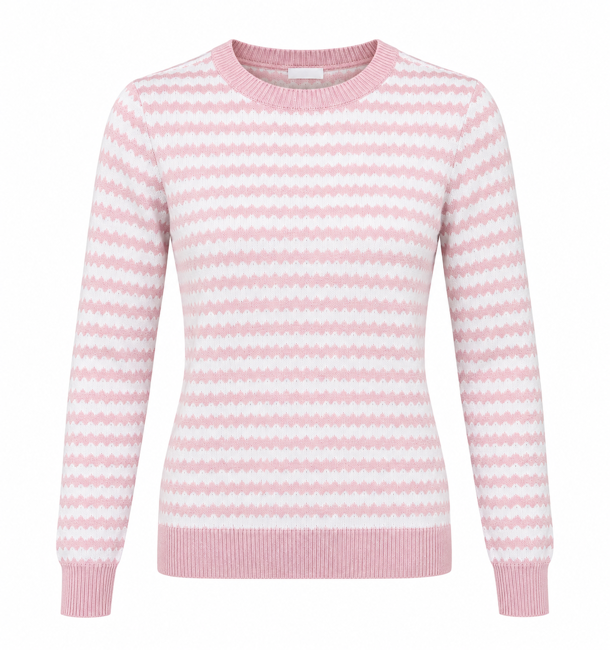  Next women’s pink and white zigzag knit jumper, UK size 12. Long-sleeve crew neck sweater with ribbed trims, perfect for stylish everyday wear.