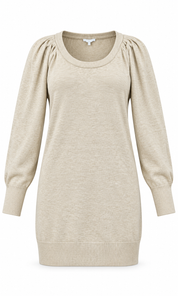  NEXT women’s beige longline knitted sweater in UK XL, featuring a scoop neck, gathered shoulders and ribbed trims for easy everyday styling.