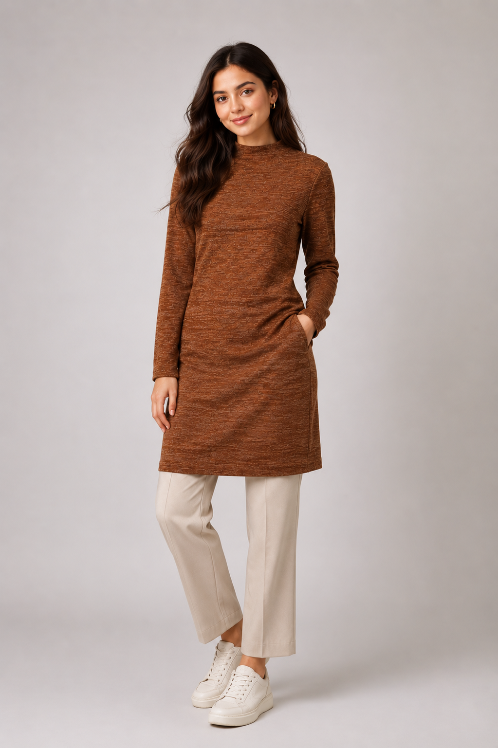 NEXT women’s brown textured knit dress in UK Size 12. Long sleeves, high neckline, knee-length fit and stylish oval back cut-out detail.