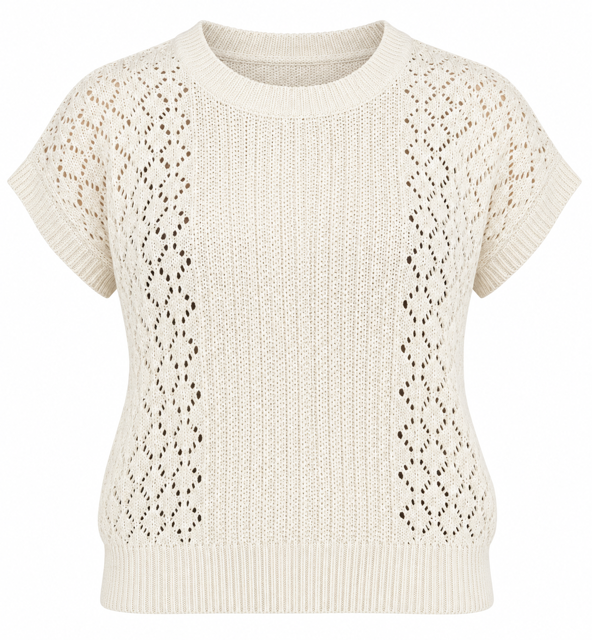  NEXT women’s cream open-knit short sleeve jumper in UK Size M. Stylish lightweight knit with a round neck and ribbed trims. Rated 4★ condition.