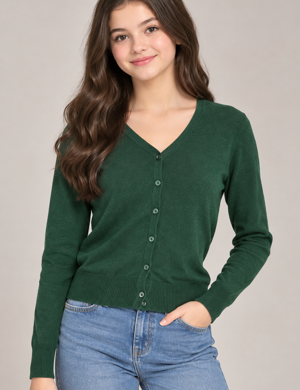  this Next women’s dark green V-neck knit cardigan, UK Size 15, featuring button fastening, long sleeves and ribbed trims. Perfect for versatile everyday styling.
