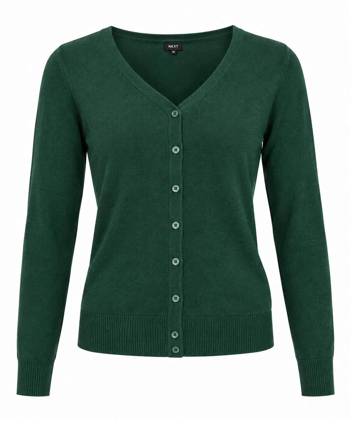  this Next women’s dark green V-neck knit cardigan, UK Size 15, featuring button fastening, long sleeves and ribbed trims. Perfect for versatile everyday styling.