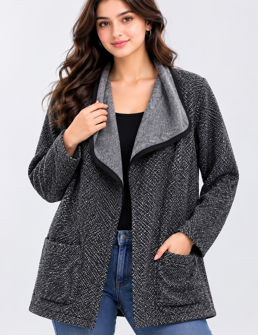  Next women’s grey and black textured hooded jacket in UK size M. Stylish open-front design, long sleeves, soft-lined hood and versatile casual style.