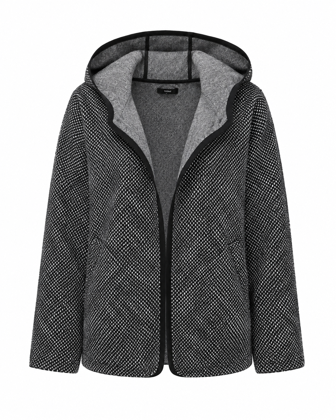Next women’s grey and black textured hooded jacket in UK size M. Stylish open-front design, long sleeves, soft-lined hood and versatile casual style.