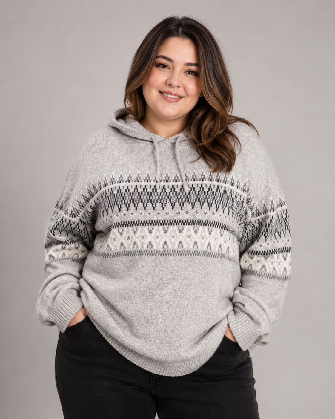  Next women’s grey Fair Isle knit hoodie jumper in UK XXXL. Cozy patterned design, long sleeves and ribbed details—perfect for casual winter styling.