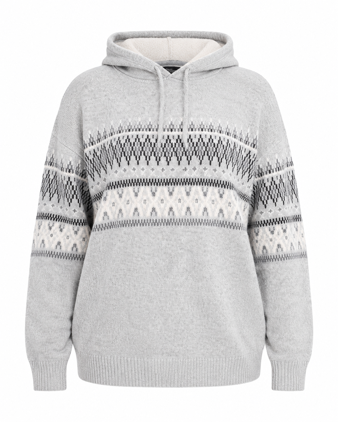  Next women’s grey Fair Isle knit hoodie jumper in UK XXXL. Cozy patterned design, long sleeves and ribbed details—perfect for casual winter styling.