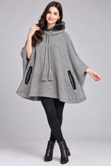 Next Women’s Grey Knitted Poncho Cape with High Neck & Tassel Detail