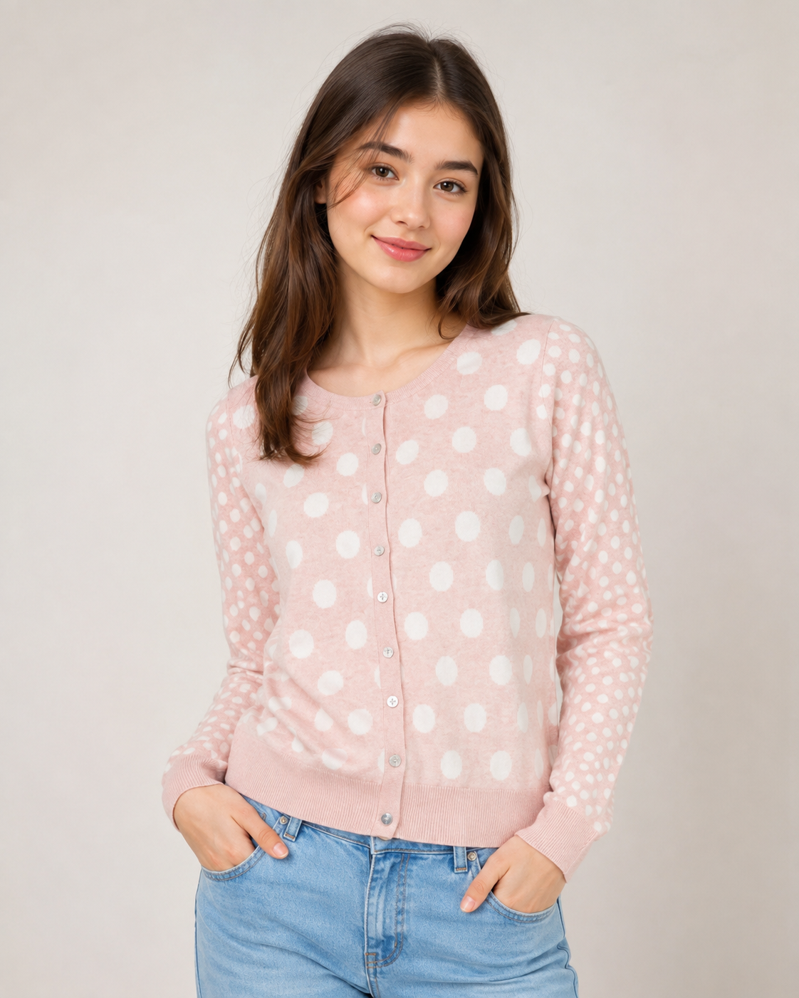  Next Women’s Pink Polka Dot Knit Cardigan in UK Size 8. Stylish long-sleeve button-front design with a soft feminine look, perfect for everyday and casual wear.