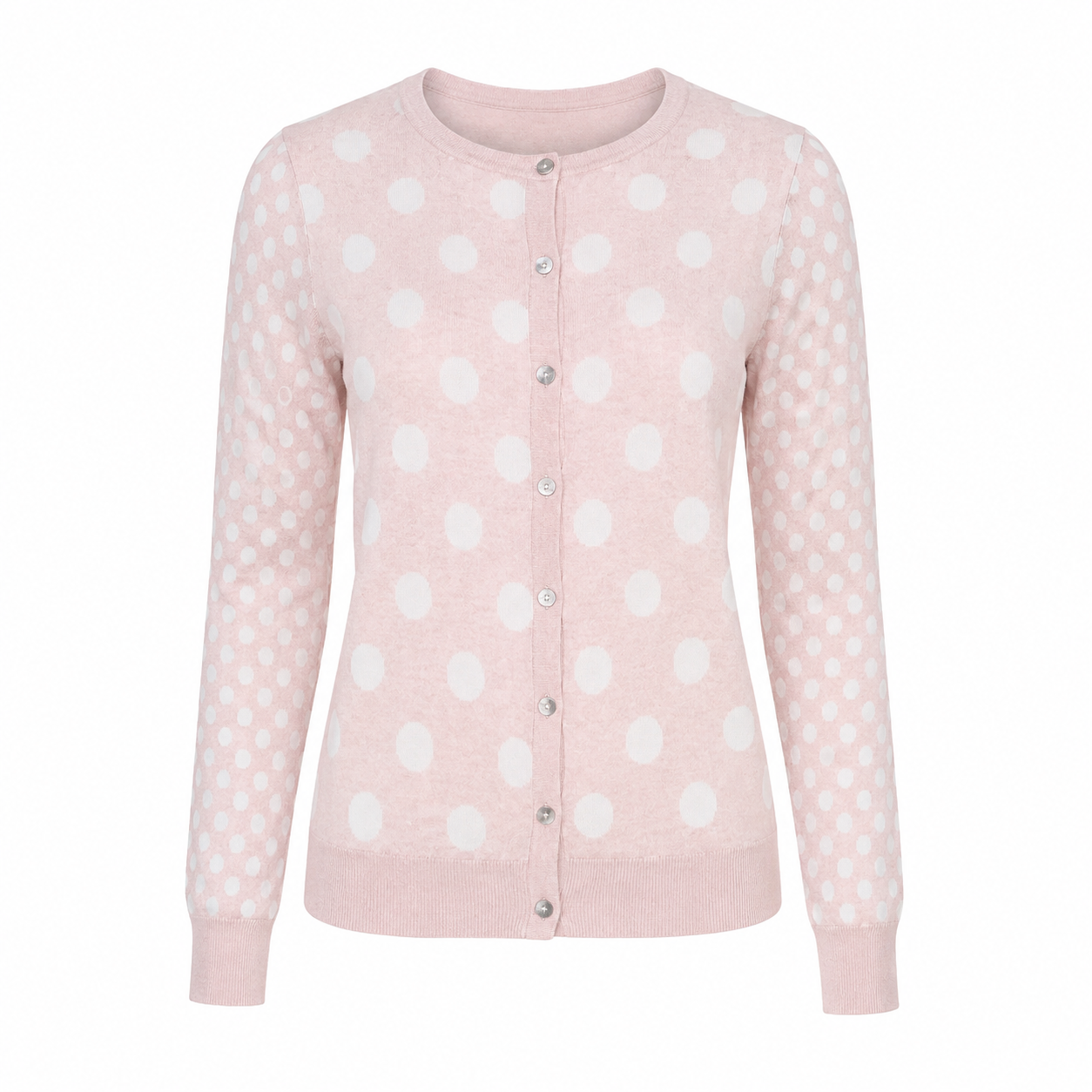  Next Women’s Pink Polka Dot Knit Cardigan in UK Size 8. Stylish long-sleeve button-front design with a soft feminine look, perfect for everyday and casual wear.