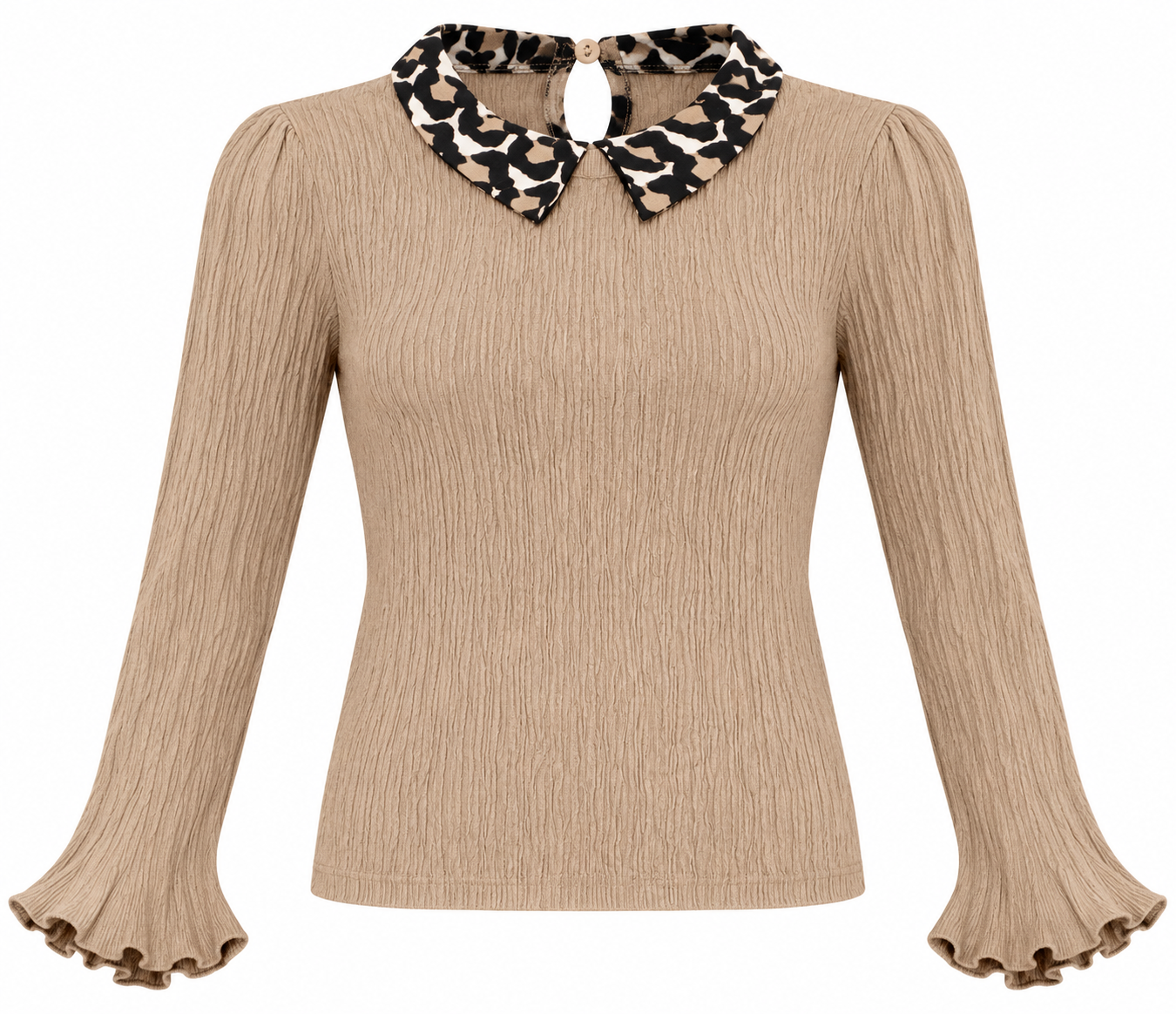  Next women’s taupe textured top in UK size 12, featuring an animal print collar, flared frill cuffs, plain hem and buttoned back keyhole.