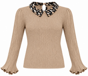  Next women’s taupe textured top in UK size 12, featuring an animal print collar, flared frill cuffs, plain hem and buttoned back keyhole.