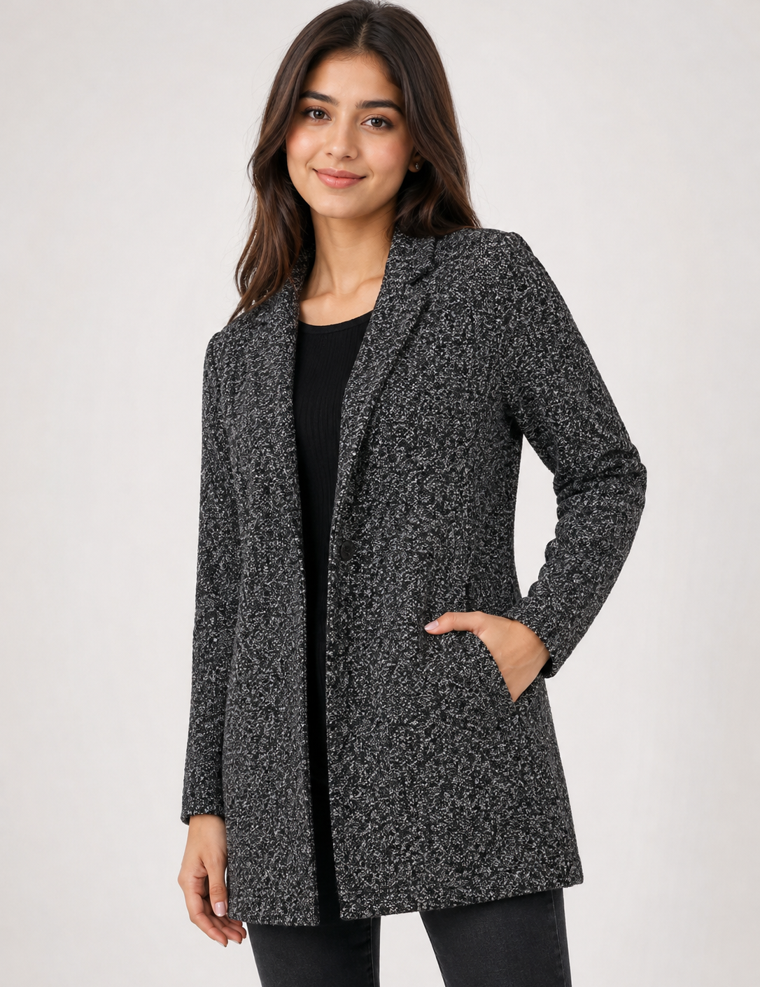   stylish Next women's charcoal speckled tailored coat in UK size 14. Smart longline design with notched lapels and single-button fastening, perfect for workwear and smart-casual outfits.