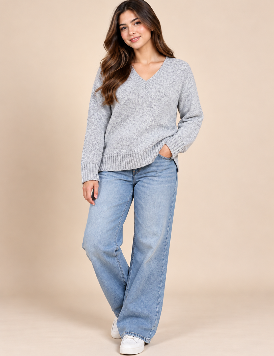  NEXT Women's Light Grey V-Neck Knitted Jumper in UK Size L. Chest 21", length 25". Stylish, cosy knitwear for everyday fashion.
