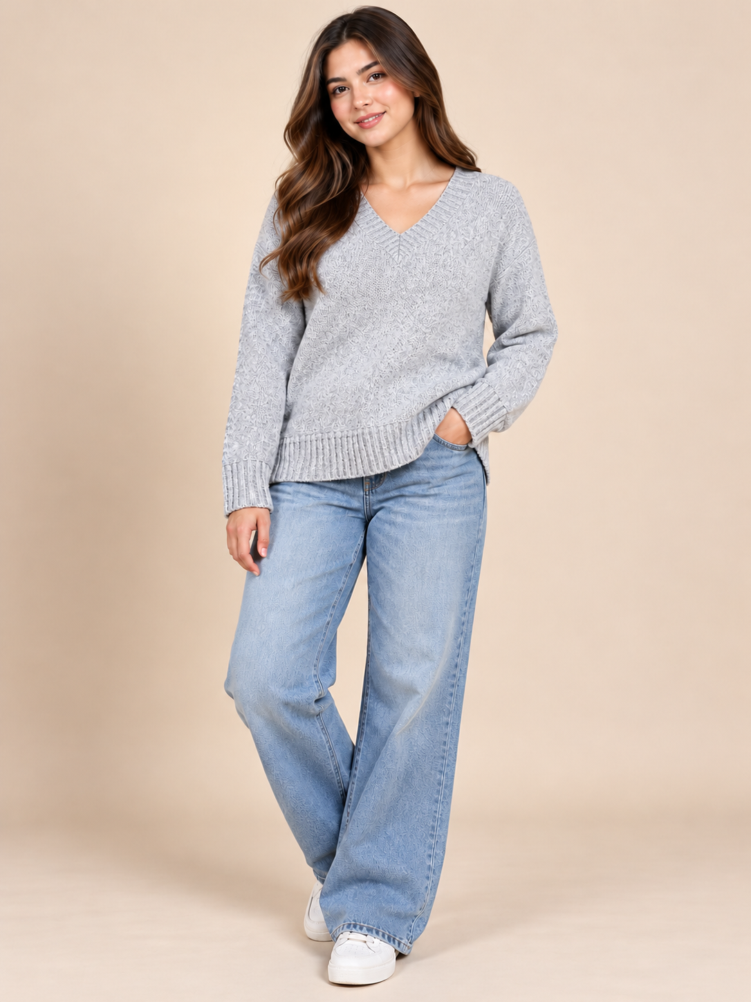  NEXT Women's Light Grey V-Neck Knitted Jumper in UK Size L. Chest 21", length 25". Stylish, cosy knitwear for everyday fashion.