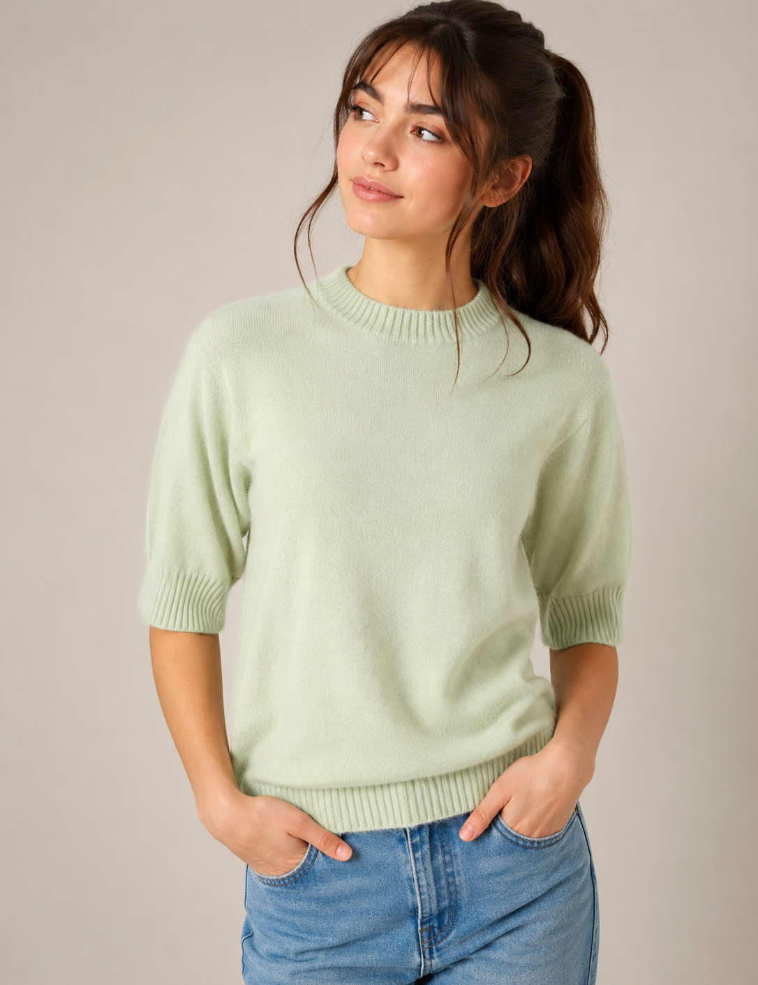  NEXT Women's Mint Green Short Sleeve Knit Sweater featuring a soft knit fabric, crew neck, ribbed trims, and a comfortable regular fit. Perfect for casual, office, and everyday wear.