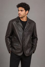 NICKELSON Men’s Brown Leather Button Front Jacket in UK Size L. Classic blazer style with notched lapels, button fastening and multiple pockets.