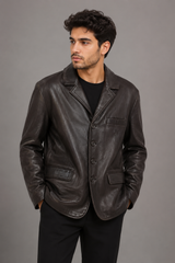 NICKELSON Men’s Brown Leather Button Front Jacket