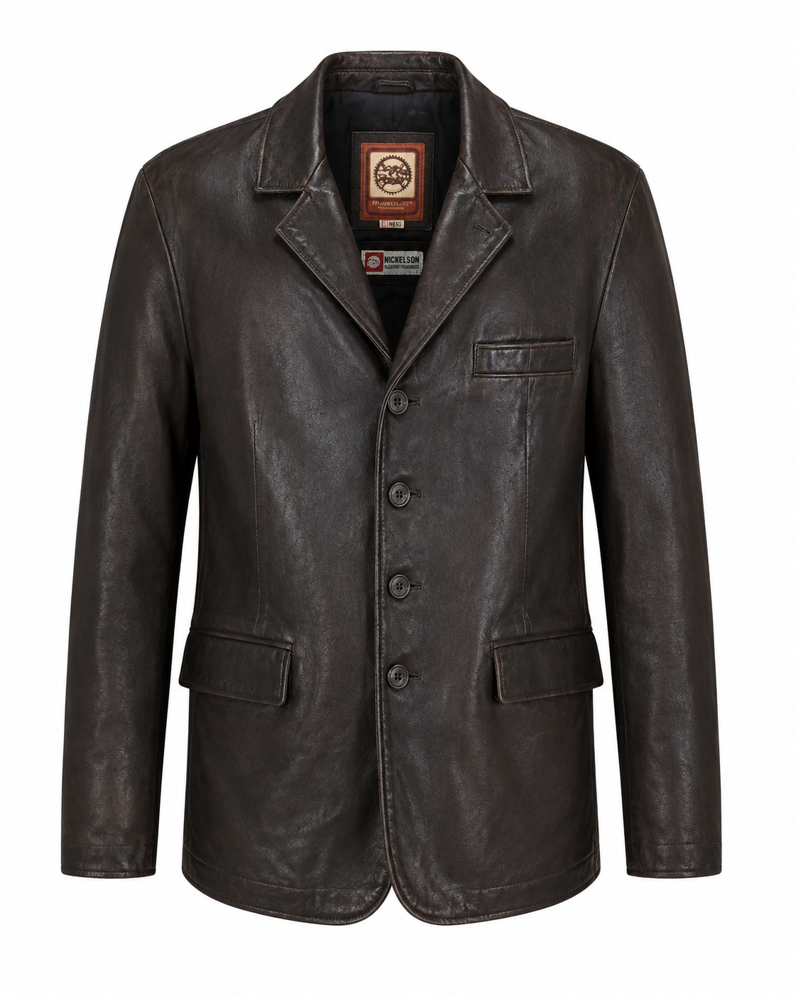 NICKELSON Men’s Brown Leather Button Front Jacket in UK Size L. Classic blazer style with notched lapels, button fastening and multiple pockets.