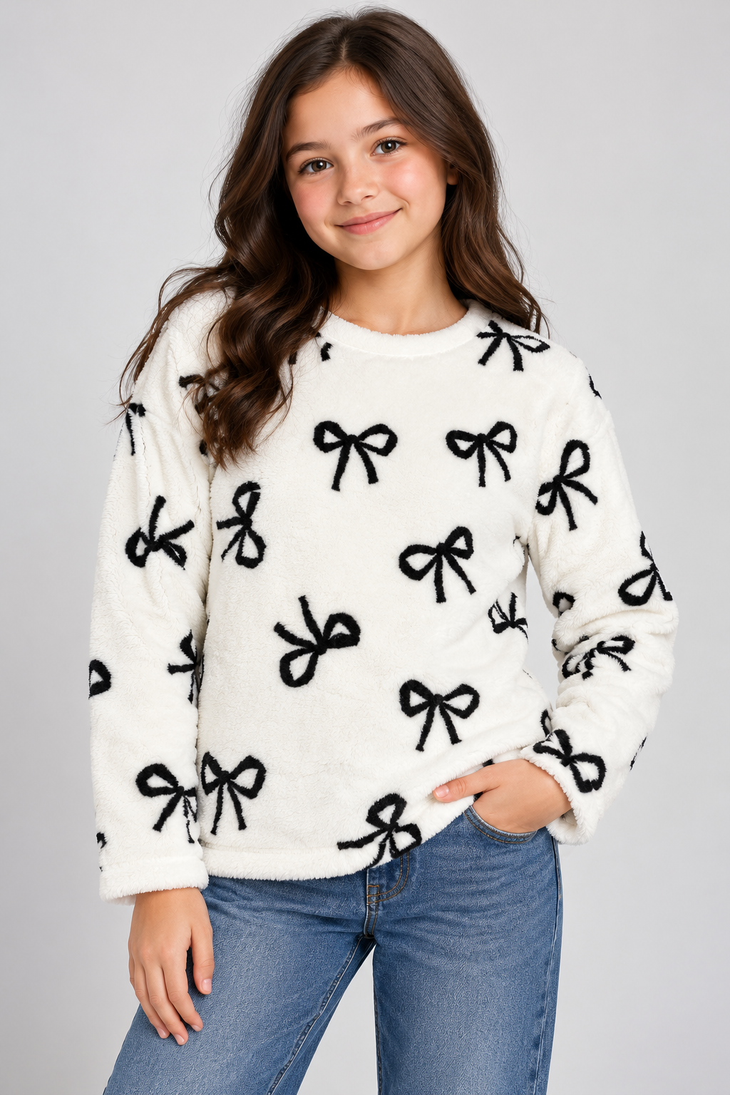 NIGHTWEAR Girls White Fluffy Fleece Jumper with Black Bow Print, UK 11–12 Years. Soft, cozy long sleeve top, perfect for winter and lounging.