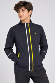  Nike boys black full-zip sports track jacket in UK size 14–16 years, featuring yellow and white detailing. Stylish branded activewear in 4/5 condition.