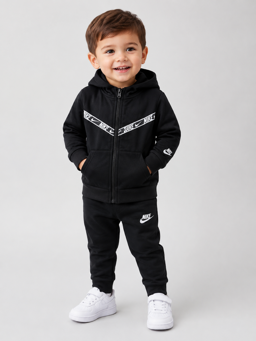 NIKE Kids Black Hooded Zip-Up Jacket in UK Size 2-3 Years. Stylish black design with hood, full zip, pockets and signature Nike detailing. Perfect for everyday wear.