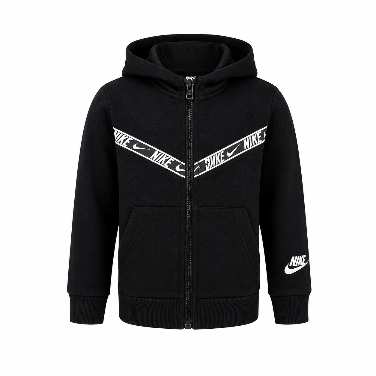  NIKE Kids Black Hooded Zip-Up Jacket in UK Size 2-3 Years. Stylish black design with hood, full zip, pockets and signature Nike detailing. Perfect for everyday wear.