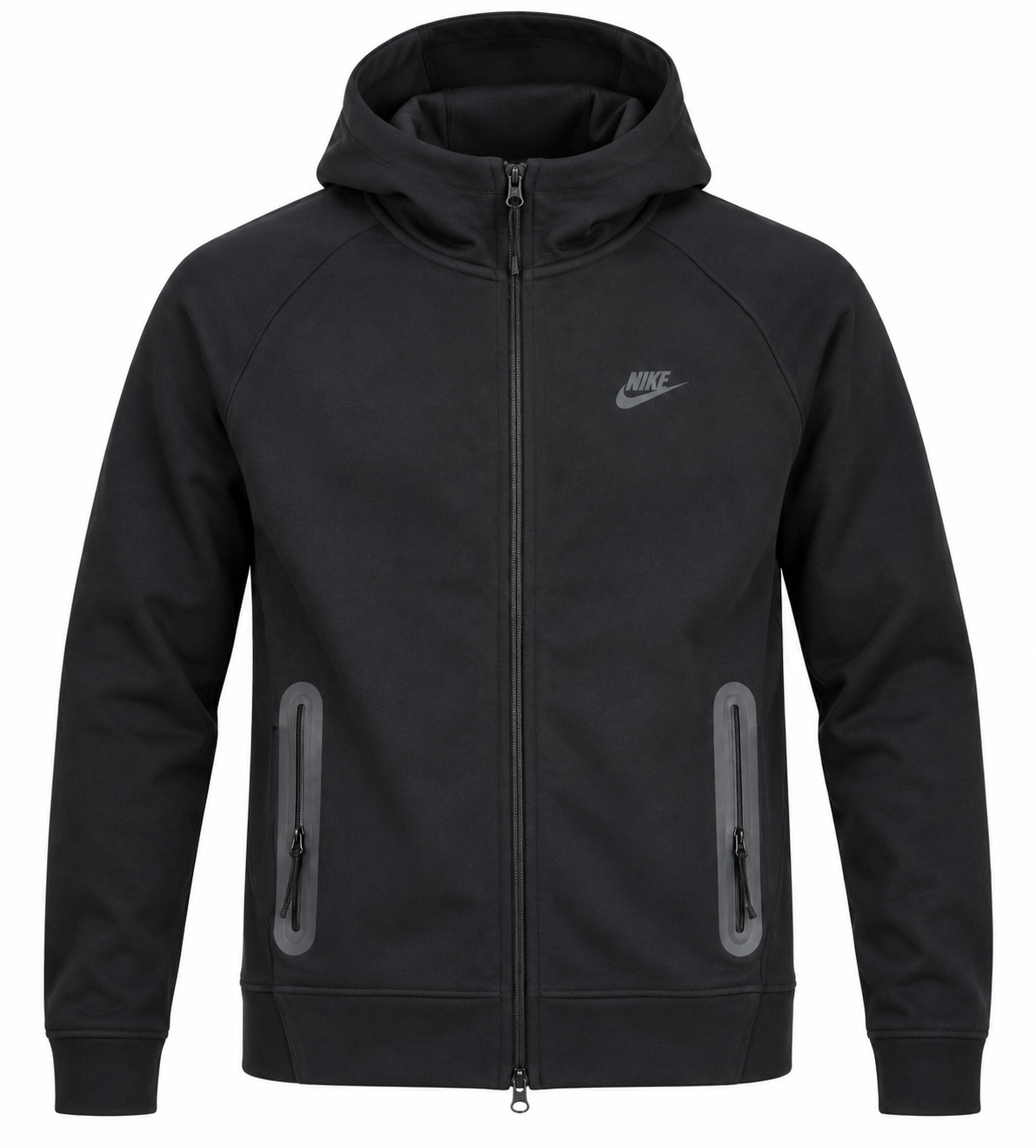 NIKE Men’s Black Full-Zip Hooded Jacket in UK Size M. Stylish sportswear jacket with hood, zip pockets and classic NIKE detailing.