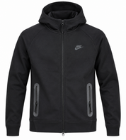 NIKE Men’s Black Full-Zip Hooded Jacket in UK Size M. Stylish sportswear jacket with hood, zip pockets and classic NIKE detailing.