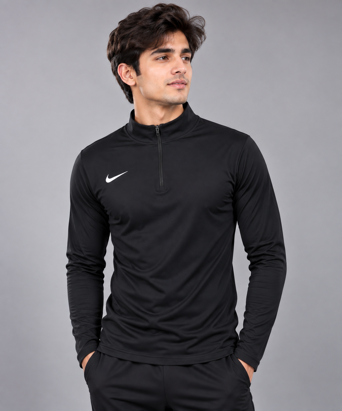 Nike men’s black quarter-zip sports top in UK Size L. Stylish long-sleeve athletic wear for gym, running and casual outfits. 4-star condition.