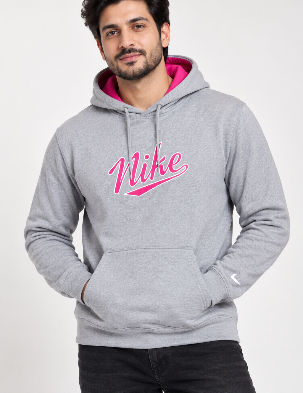 NIKE men’s grey and pink pullover hoodie in UK Size XL. A stylish 4-star condition branded sweatshirt ideal for casual, sports and everyday wear.